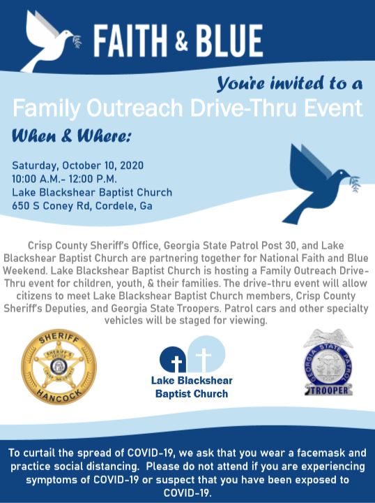 Photo for Crisp County Sheriff&rsquo;s Office, Georgia State Patrol Post 30, and Lake Blackshear Baptist Church are partnering together for National Faith and Blue Weekend. 
