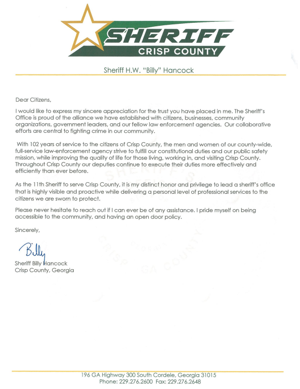 Message from Sheriff Crisp County Sheriff's Office